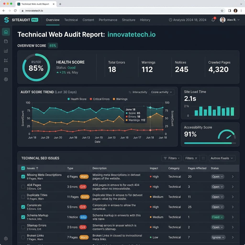 Site Intelligence audit report showing SEO health score and issues